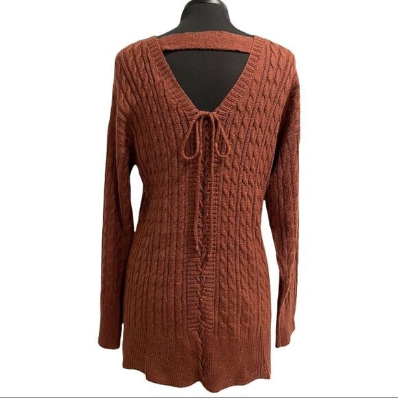 Purple Snow Burnt Orange Lace Up Back Cable Knit Tunic Sweater Sz 2X - Picture 6 of 13